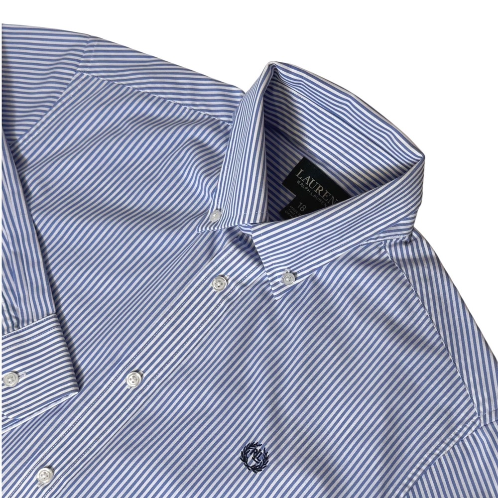 Lauren Ralph Lauren Girls Size 18 Blue White Stripe Button Down Shirt Blue Logo‎